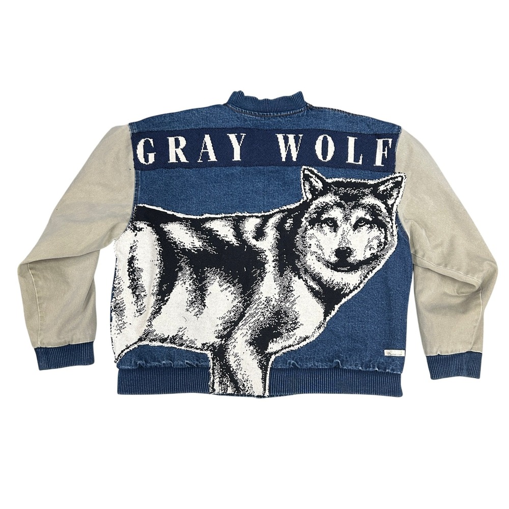 Gray Wolf Upcycled Denim Bomber Jacket XL One Of A Kind Wearable Art Americana